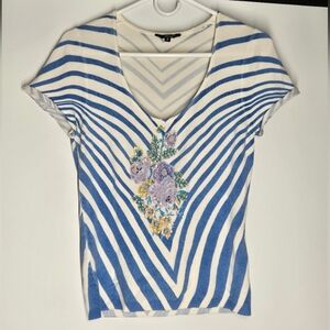 Faust Vintage Blue & White Striped V-Neck Tee with Floral Embellishment